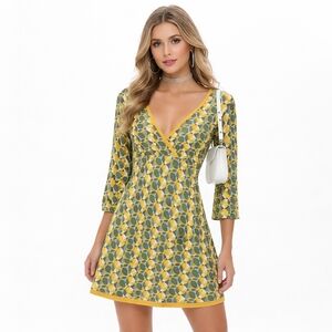 Sandwich Y2K Printed Babydoll Dress | Retro Geometric V-Neck Mini